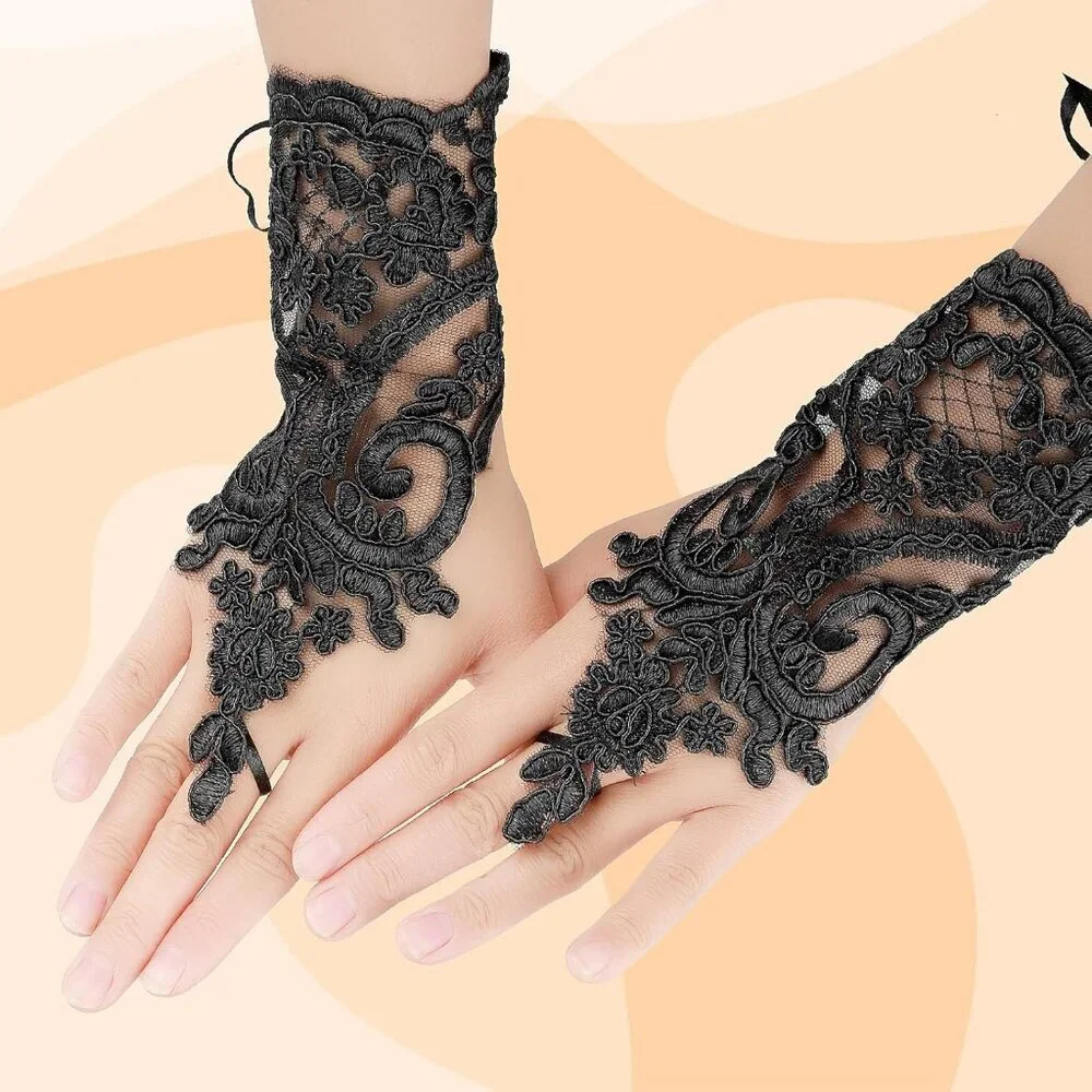 Women's Embroidered Evening Black Short Lace Gloves Halloween Party Prom